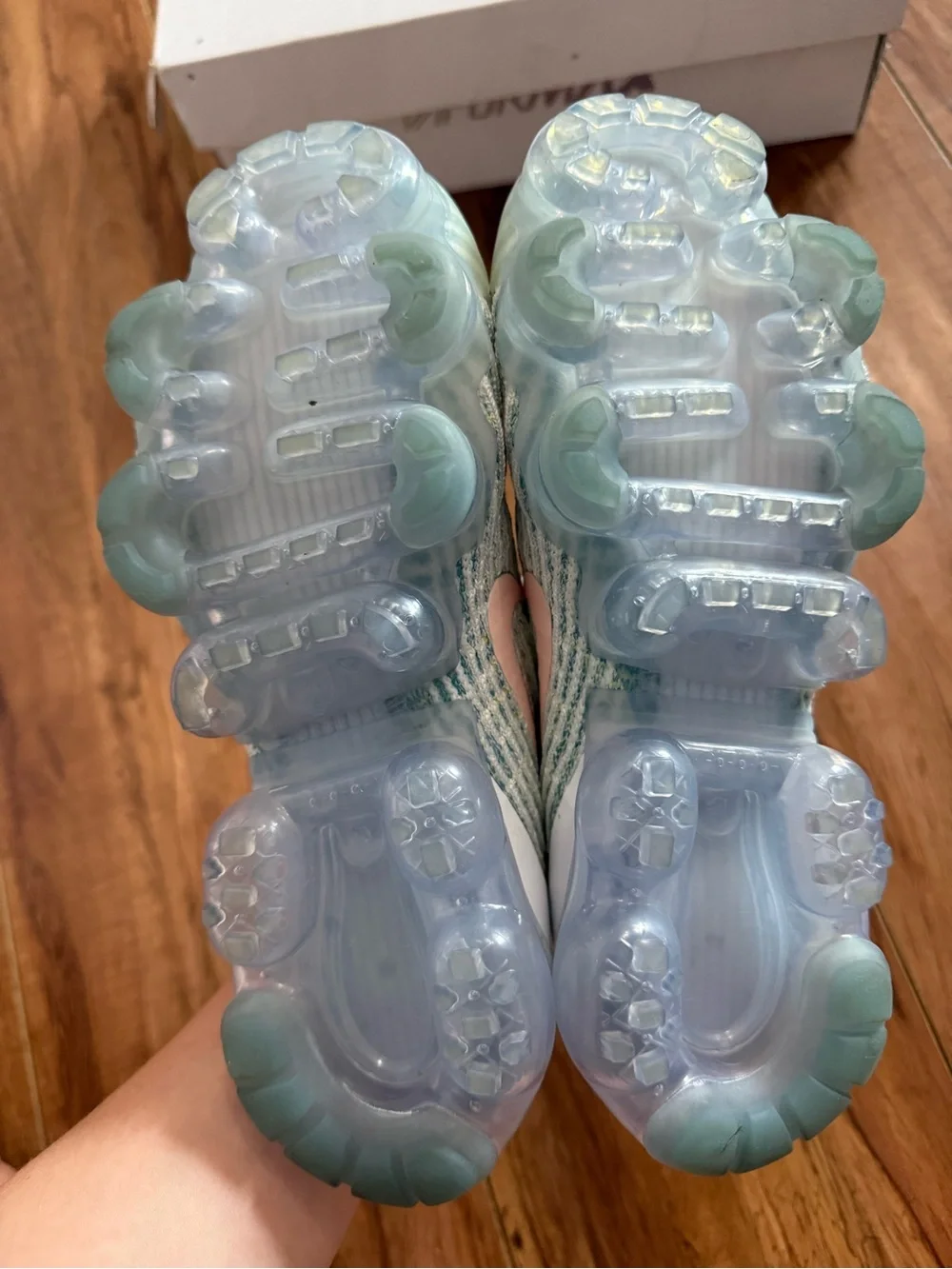 Nike VaporMax Flyknit 3 Sneakers in White/Light Blue with Pink Swoosh